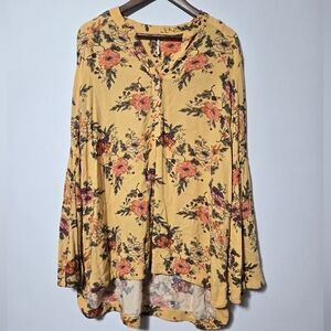 Free People Yellow Floral Bell Sleeve Blouse Large